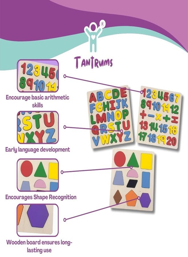 Tantrums Wooden Educational Puzzle Set for Kids (Set of 3) | Alphabet, Number & Shape Learning Boards | Montessori Preschool Toy for Early Learning, Colour Recognition & Hand-Eye Coordination - Image 3